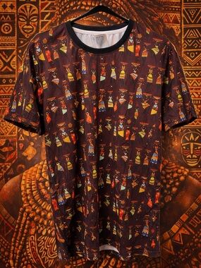 Women's Cowcow Brown Patterned Blouse with Multicolor Tribal Motif Size Large
